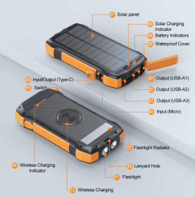 New Product Large Capacity 20000mAh 3 USB C Flashlight Ip67 Waterproof High-speed Wireless Charger Solar Power Bank (Option: As shown in the picture)