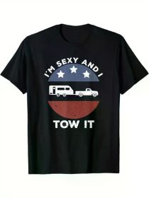 Men's Cotton Graphic T-Shirt - "I'M SEXY AND I TOW IT" Camping Print, Short Sleeve Crew Neck Casual Tee for Outdoor Enthusiasts (Color: Black, size: S)