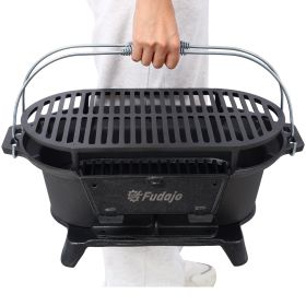 Outdoor Oval Cast Iron Grill, Portable Charcoal Grill, And Desktop Cast Iron Frying Pan (Color: Black)